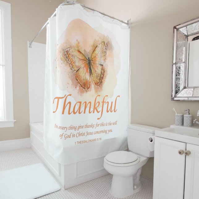 Women’s Christian Butterfly Bible Verse: Thankful  Shower Curtain (In Situ)