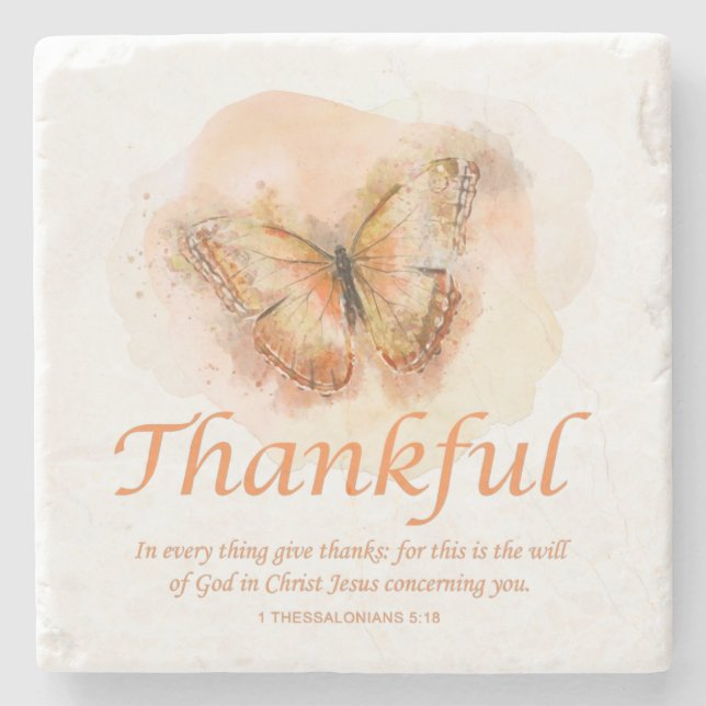 Women’s Christian Butterfly Bible Verse: Thankful  Stone Coaster (Front)