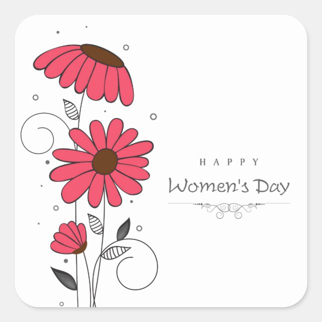 Women’s day and drawn of pink flowes  with circles square sticker (Front)