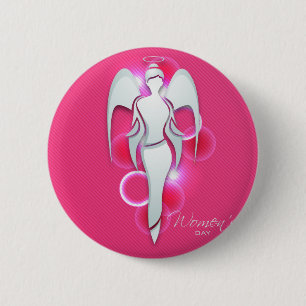 Women’s day,white woman angel on pink 6 cm round badge