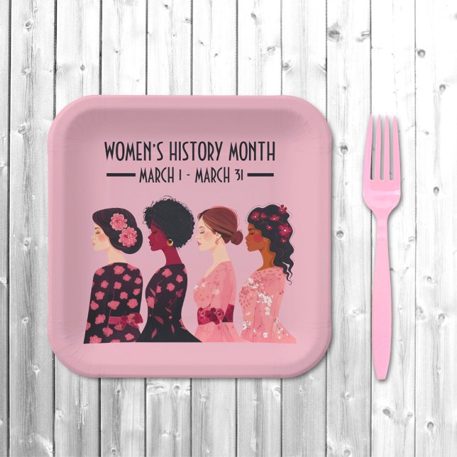 Women’s History Month Global Women Pink Floral Paper Plate (Creator Uploaded)