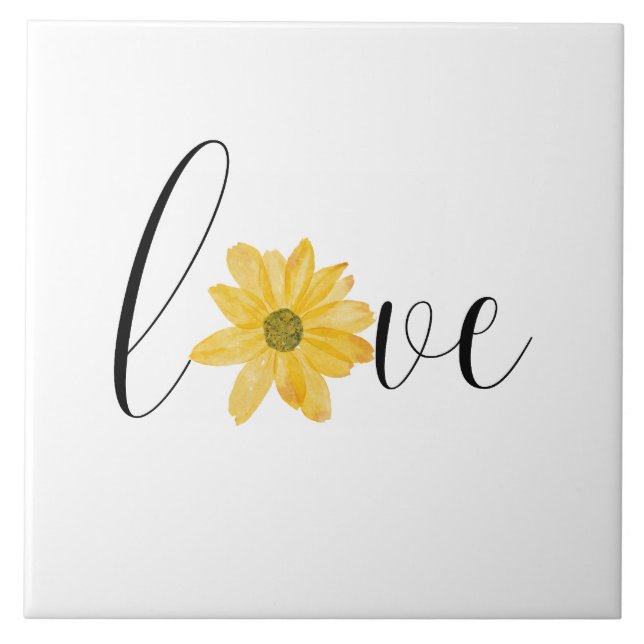 Women’s Love Yellow Flower Groovy Handwriting  Tile (Front)