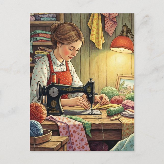 Women Sewing In Cozy Craftting Room Postcard (Front)