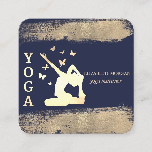 Women Silhouette Faux Gold Brush Stroke Square Business Card (Front)