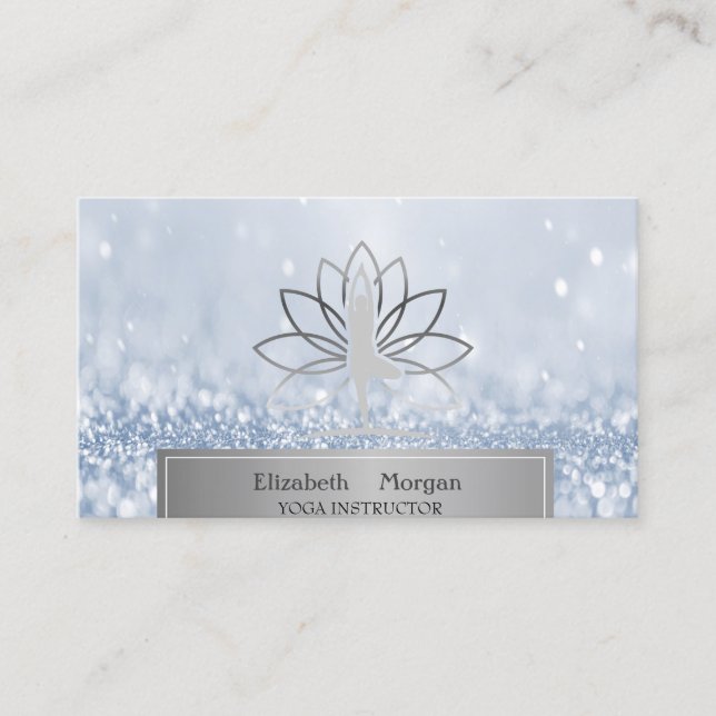 Women Silhouette Lotus Yoga Instructor Blue Bokeh Business Card (Front)