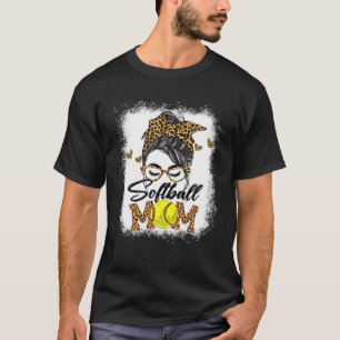 Women Softball Mom Boy Leopard Messy Bun Baseball T-Shirt