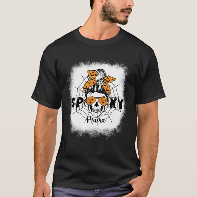Women Spooky Mama Halloween Skull Messy Bun Witch  T-Shirt (Front)