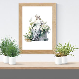Women Statue in Garden Watercolor White Floral  Poster