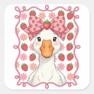 Women Strawberry Goose Summer Bow Square Sticker