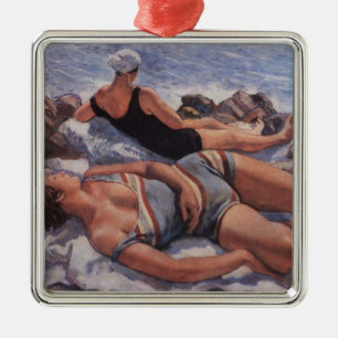 Women Sunbathing on the Beach (by Serebriakova) Metal Tree Decoration