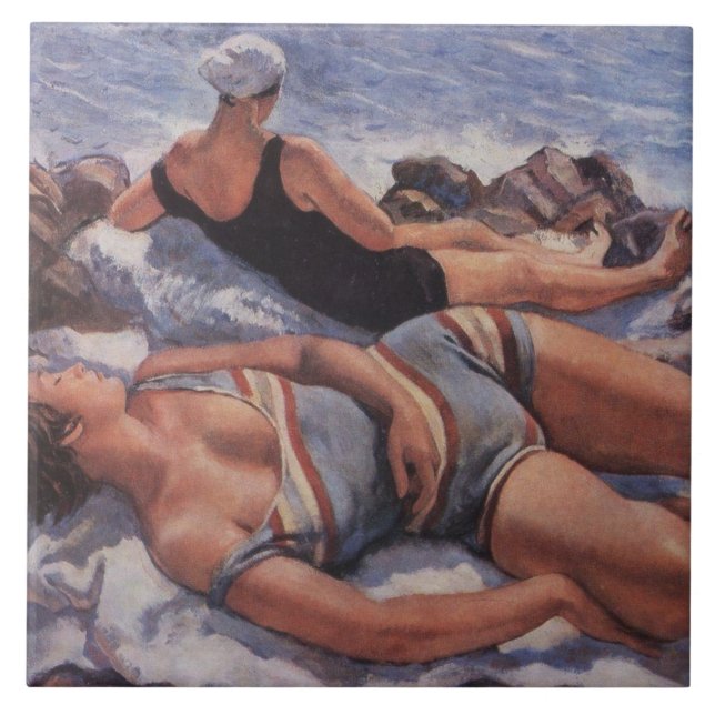 Women Sunbathing on the Beach (by Serebriakova) Tile (Front)