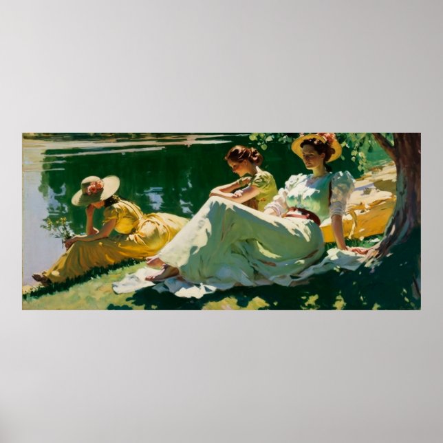 Women Sunning on Lake Shore on a Sunny Day Poster (Front)
