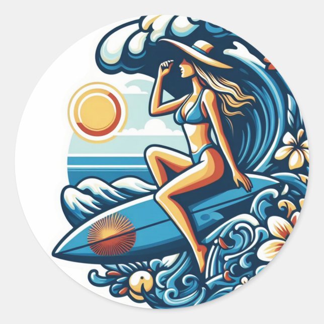 Women Surf Classic Round Sticker (Front)