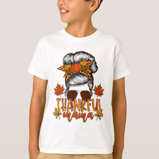 Women Thanksgiving Messy Bun Hair Fall Mama  T-Shirt