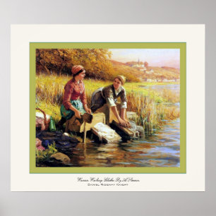 Women Washing Clothes By A Stream Poster