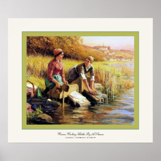 Women Washing Clothes By A Stream Poster