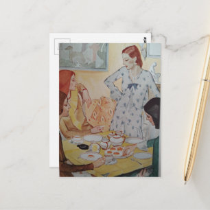 Women with a cheese treat in 1930  postcard