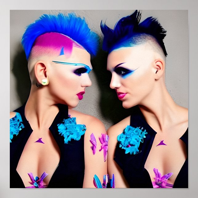 Women with Black, Pink and Blue Mohawks Poster (Front)