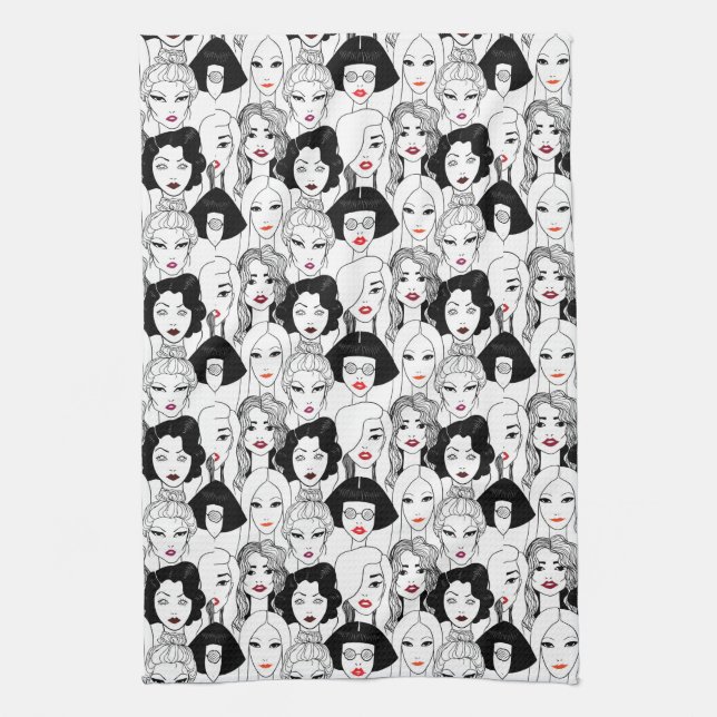 Women With Lipstick Pattern Tea Towel (Vertical)