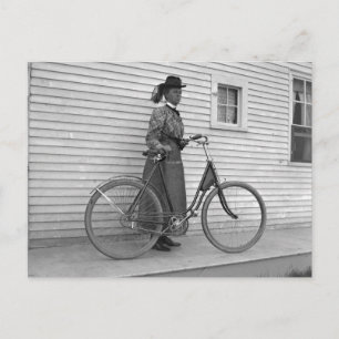 Women with old Bicycle 1898 vintage B&W photo Postcard