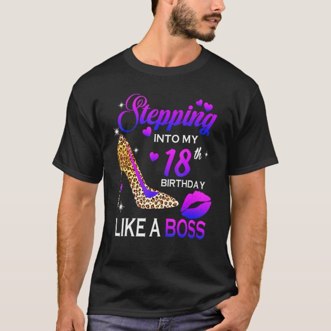 Womens 18th Birthday  Stepping Into 18 Leopard Sho T-Shirt (Front)
