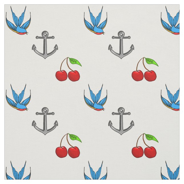 Women's 1950's Bluebird Cherry Anchor Pattern Fabric (Swatch)