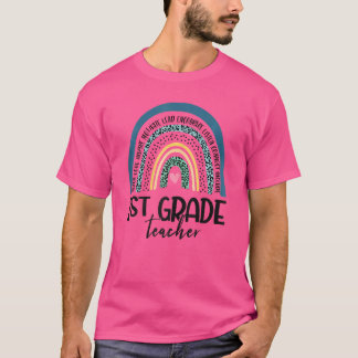 Womens 1st Grade Teacher Life Leopard Rainbow Back T-Shirt