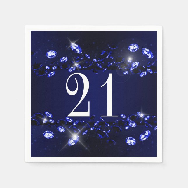 Women's 21st Birthday Blue Black Sparkly Diamond Napkin (Front)