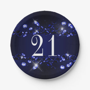 Women's 21st Birthday Blue Black Sparkly Diamond Paper Plate