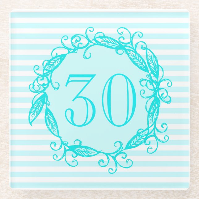 Women's 30th Birthday Aqua Blue White Swirly Glass Coaster (Front)