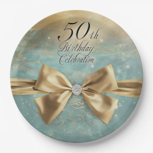 Women's 50th Birthday Gold Diamond Bow & Swirl Paper Plate