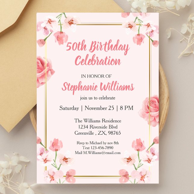 Women's 50th Birthday Pink Floral Golden Border  Invitation (Creator Uploaded)