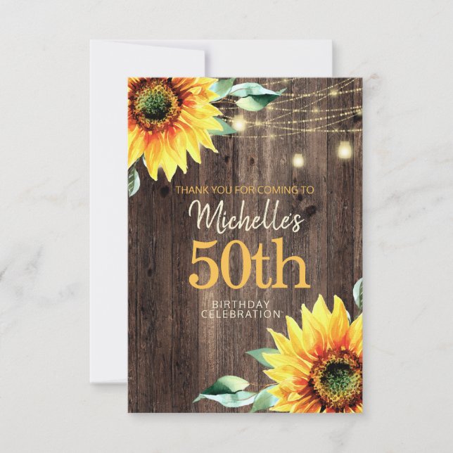 Women's 50th Rustic Wood String Lights Sunflowers Thank You Card (Front)