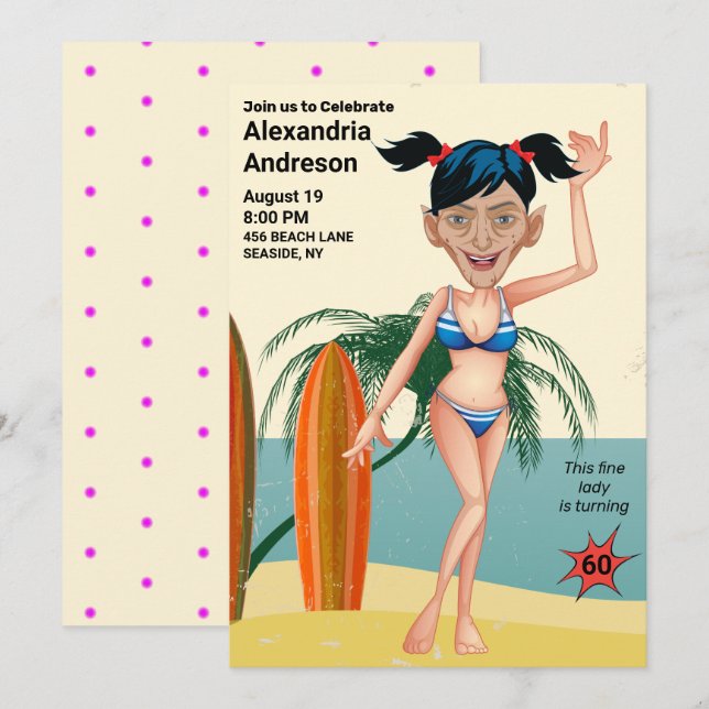 Women's 60th Birthday 🎉 Beach Bikini Party Invitation (Front/Back)