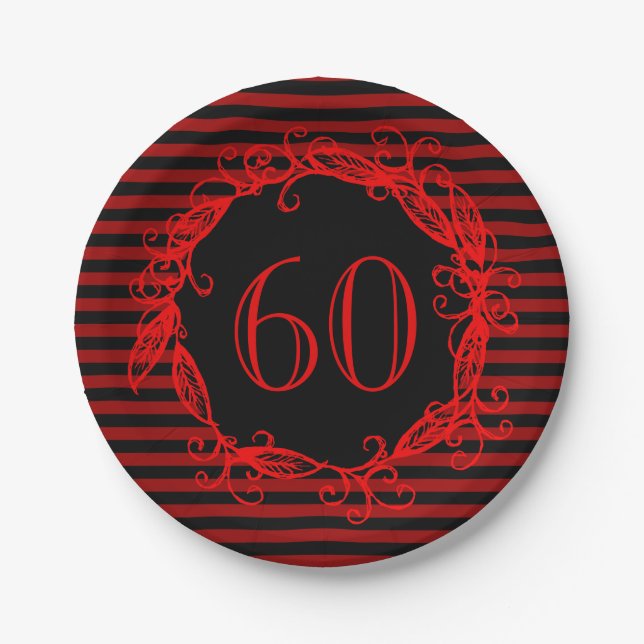Women's 60th Birthday Black Red Swirly Paper Plate (Front)