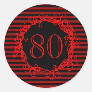 Women's 80th Birthday Black Red Swirly Classic Round Sticker