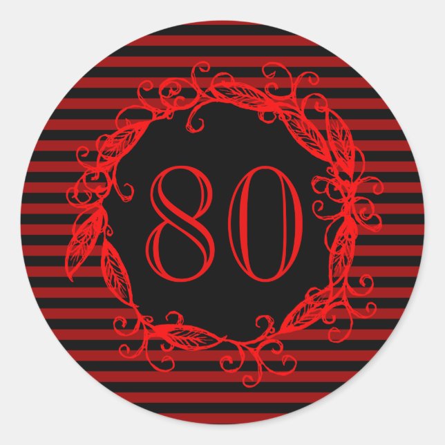 Women's 80th Birthday Black Red Swirly Classic Round Sticker (Front)