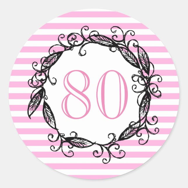 Women's 80th Birthday Pink White Black Swirly Classic Round Sticker (Front)
