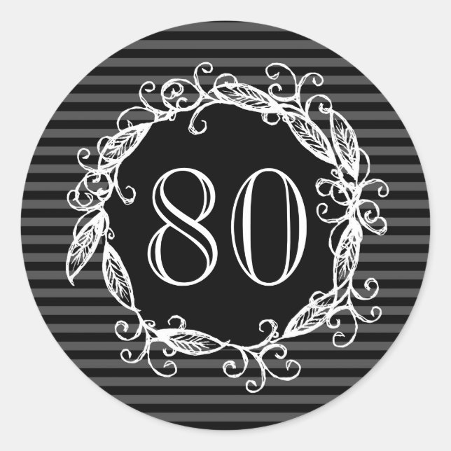 Women's 80th Birthday White Black Grey Swirly Classic Round Sticker (Front)