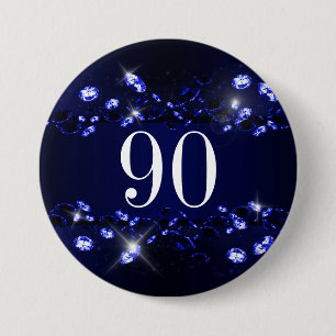 Women's 90th Birthday Blue Black Sparkly Diamond 7.5 Cm Round Badge