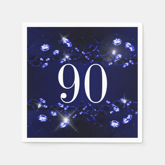 Women's 90th Birthday Blue Black Sparkly Diamond Napkin (Front)