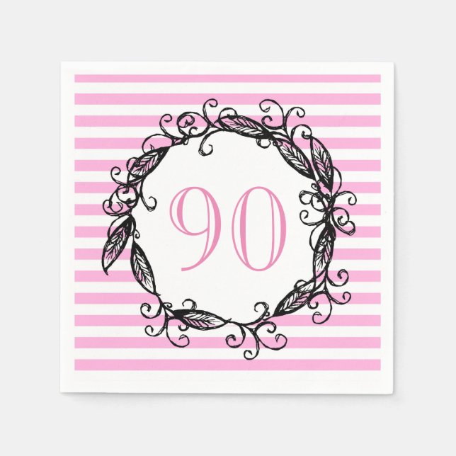 Women's 90th Birthday Pink White Black Swirly Napkin (Front)