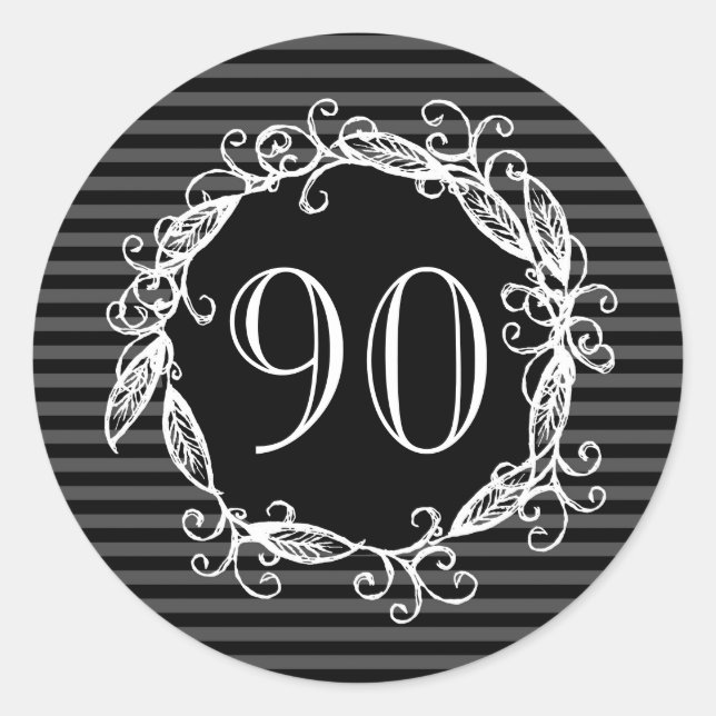 Women's 90th Birthday White Black Grey Swirly Classic Round Sticker (Front)