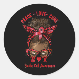 Womens Afro Messy Bun Peace Love Cure Sickle Cell Classic Round Sticker
