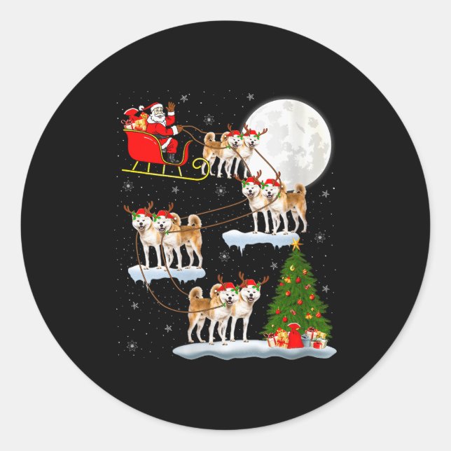 Womens Akita Dog Santa Sleigh Flying Funny Magical Classic Round Sticker (Front)