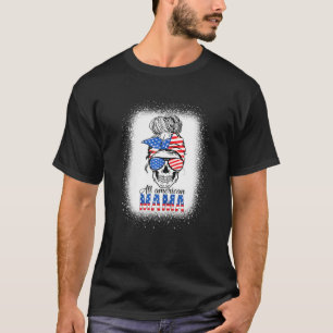 Womens All American Mama Usa Flag Messy Bun Skull  T-Shirt
