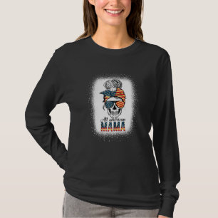 Womens All American Mama Usa Flag Messy Bun Skull T-Shirt