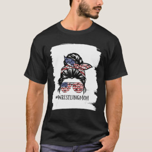 Womens America Flag Messy Bun Wrestling Mom Life M T-Shirt