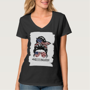 Womens America Flag Messy Bun Wrestling Mum Life M T-Shirt