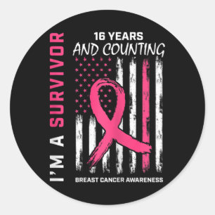 Womens American Flag Pink Awareness 16 Year Breast Classic Round Sticker